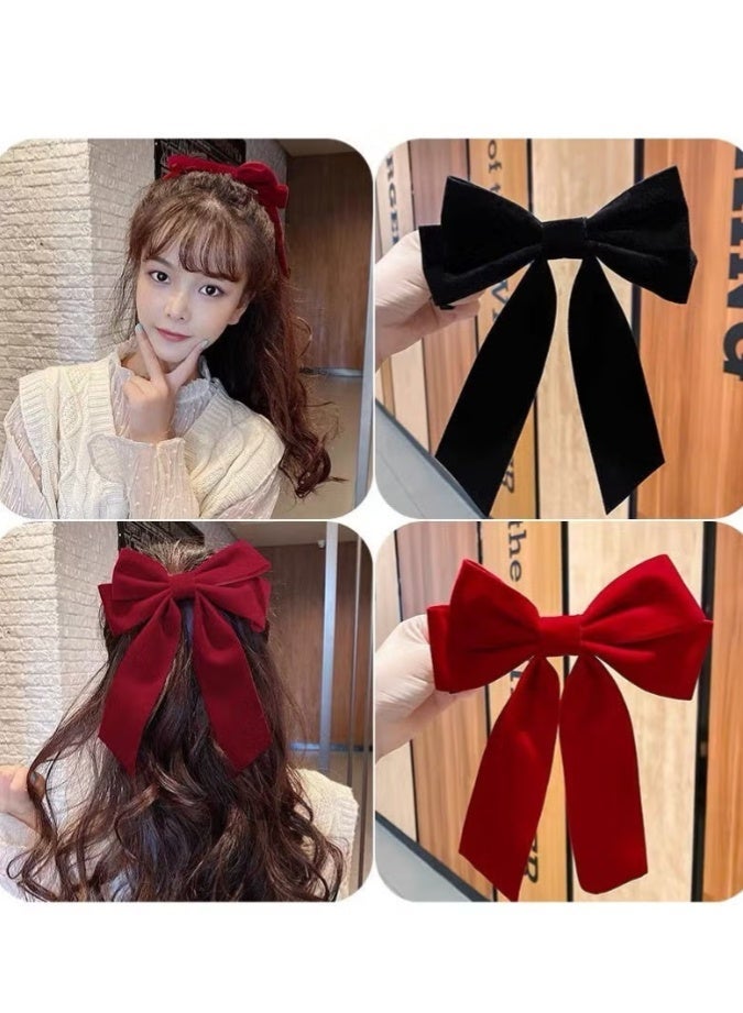2-Piece Velvet Hair Bow Tail Satin Long Tail Headpieces Barrette Headwear for Women and Girls Gifts (Red+Black) - Image 3